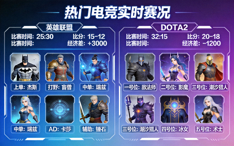 热门电竞比赛如英雄联盟、DOTA2的实时赛况与数据